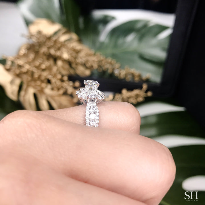 Modern Halo Cluster Engagement Ring with 4.5mm 3-Row Band - W0802 (Lab Grown)