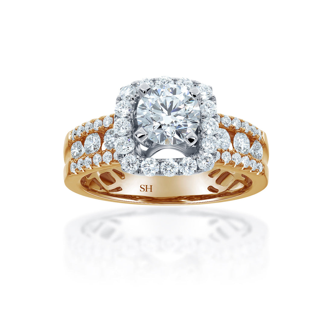 Modern Cushion Halo Engagement Ring with 5.9mm 3-Row Band - W0803 (Lab Grown)