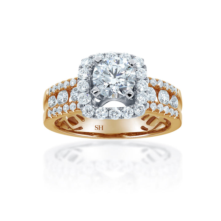 Modern Cushion Halo Engagement Ring with 5.9mm 3-Row Band - W0803 (Lab Grown)