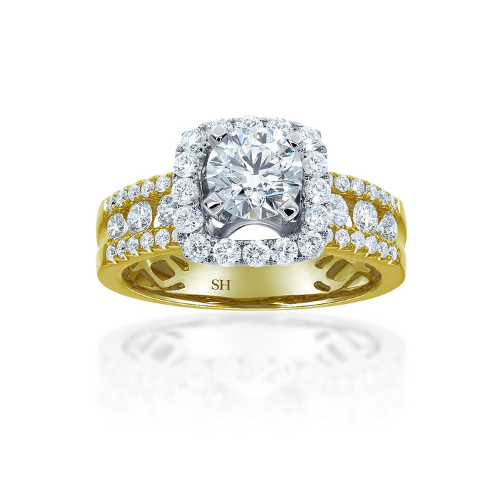 Modern Cushion Halo Engagement Ring with 5.9mm 3-Row Band - W0803 (Lab Grown)