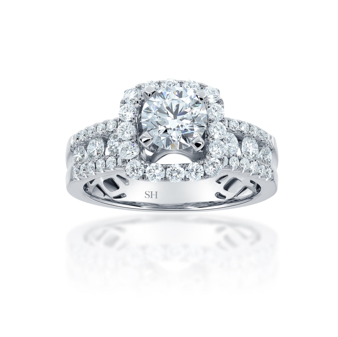 Modern Cushion Halo Engagement Ring with 5.9mm 3-Row Band - W0803 (Lab Grown)