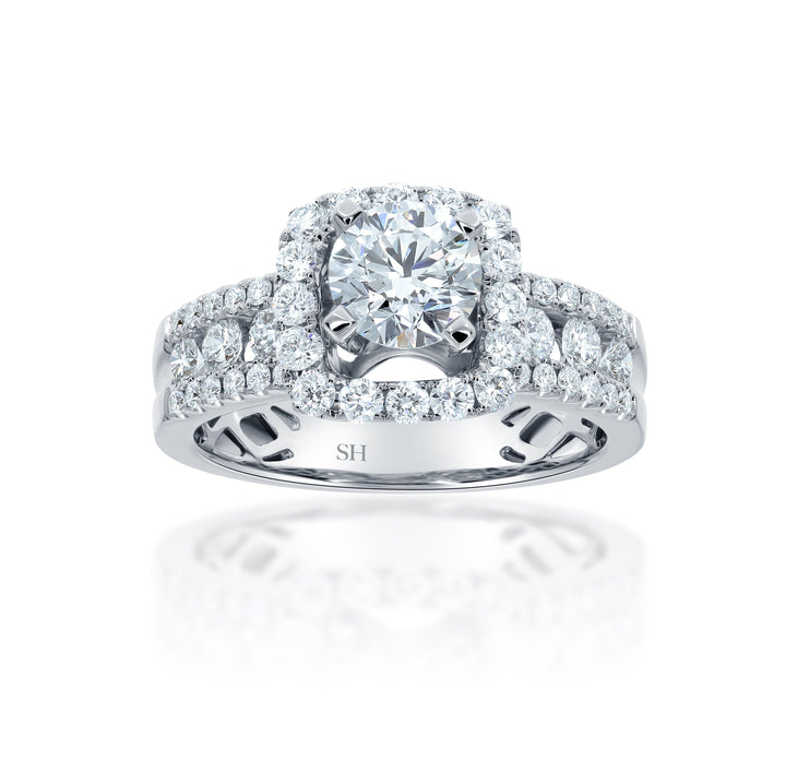 Modern Cushion Halo Engagement Ring with 5.9mm 3-Row Band - W0803 (Lab Grown)