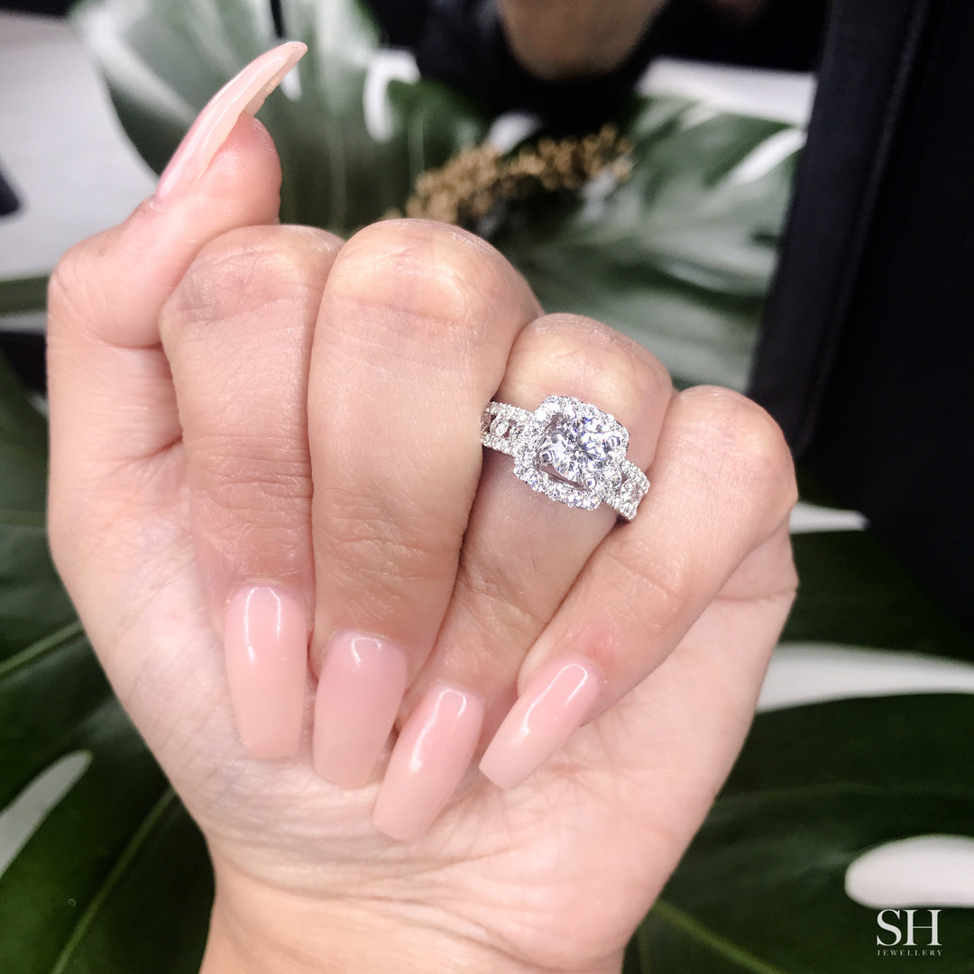 Modern Cushion Halo Engagement Ring with 5.9mm 3-Row Band - W0803 (Lab Grown)