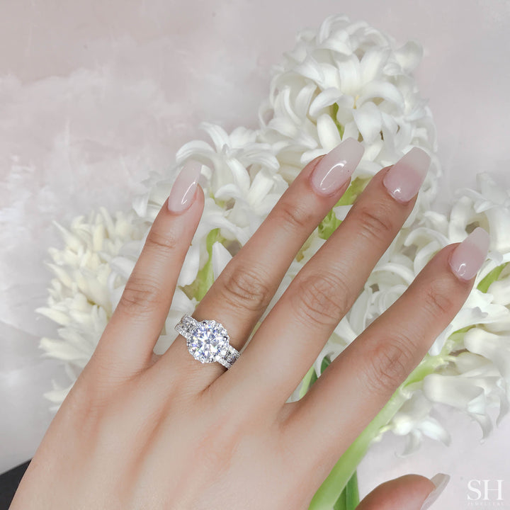Modern Cushion Halo Engagement Ring with 5.9mm 3-Row Band - W0803 (Lab Grown)