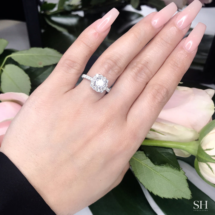 Timeless Cushion Halo Engagement Ring with 2.5mm Pavé-Set Band - W0804 (Lab Grown)