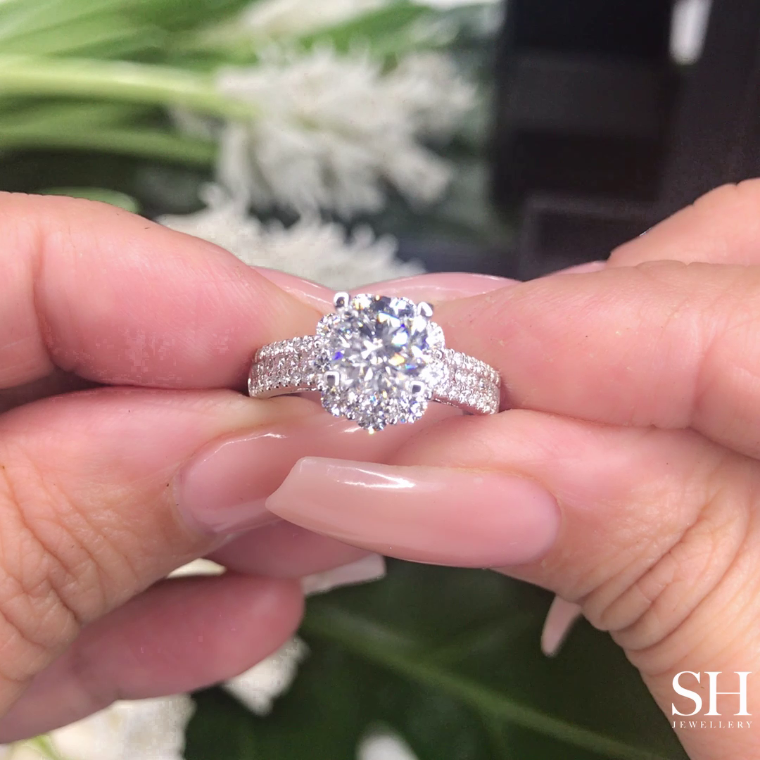 Modern Floral Halo Engagement Ring with 3.5mm 3-Row Band - W0805 (Lab Grown)