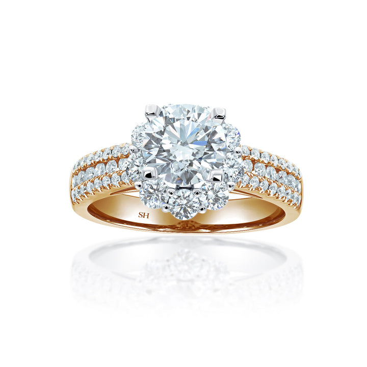Modern Floral Halo Engagement Ring with 3.5mm 3-Row Band - W0805 (Lab Grown)