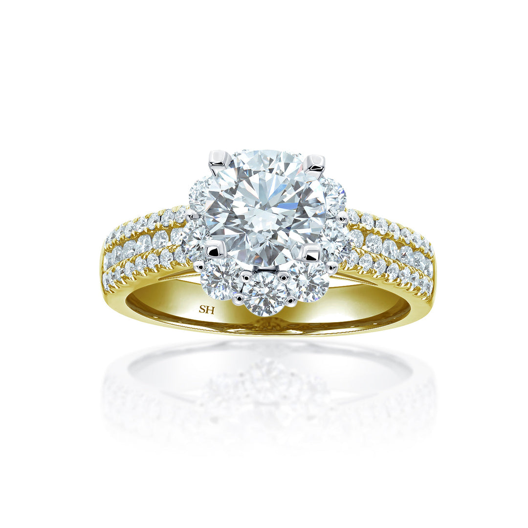 Modern Floral Halo Engagement Ring with 3.5mm 3-Row Band - W0805 (Lab Grown)