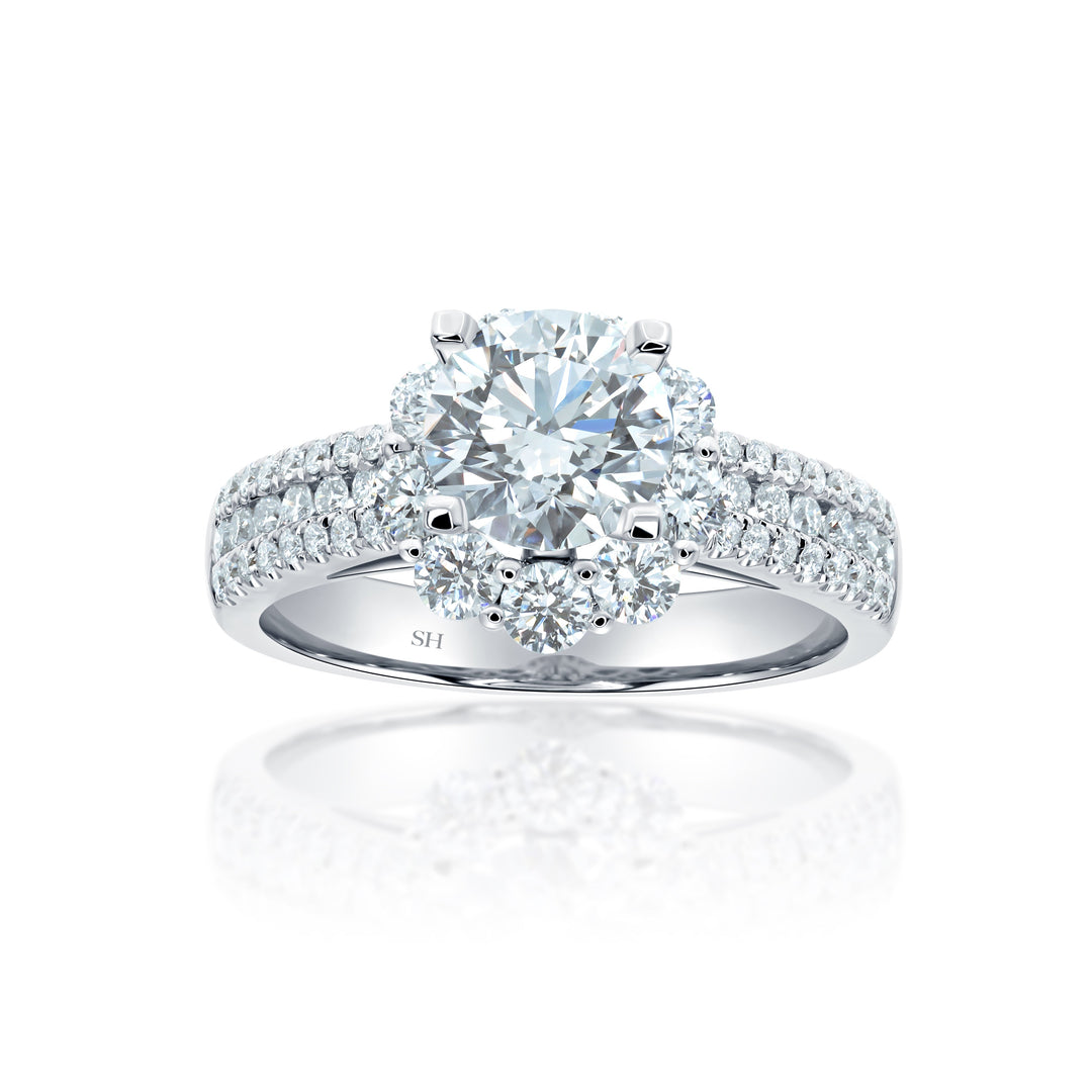 Modern Floral Halo Engagement Ring with 3.5mm 3-Row Band - W0805 (Lab Grown)