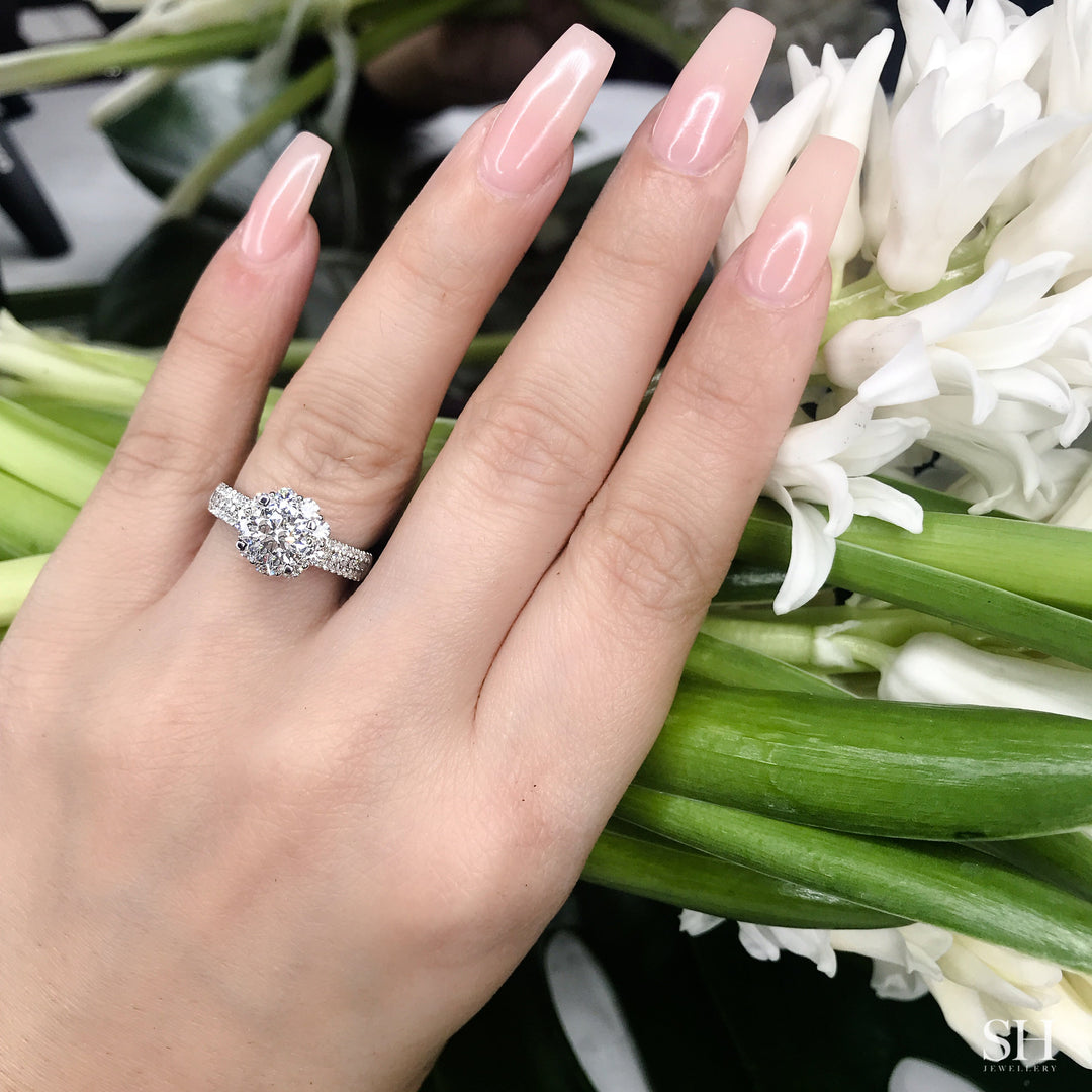 Modern Floral Halo Engagement Ring with 3.5mm 3-Row Band - W0805 (Lab Grown)