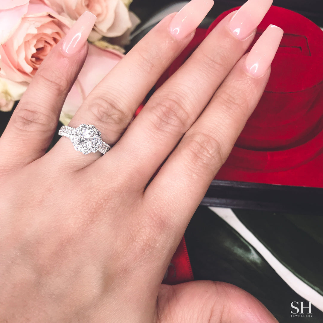 Modern Floral Halo Engagement Ring with 3.5mm 3-Row Band - W0805 (Lab Grown)