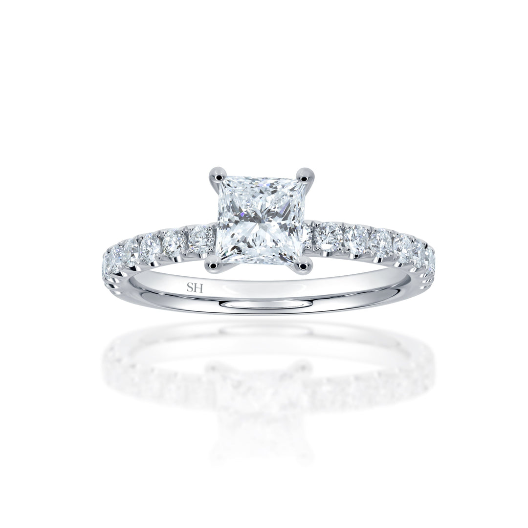 4-Claw Princess Cut Timeless Engagement Ring with Pavé-Set Band - W0807 — 18kt White Gold · 0.59ct E SI1 (GIA) (Clearance)
