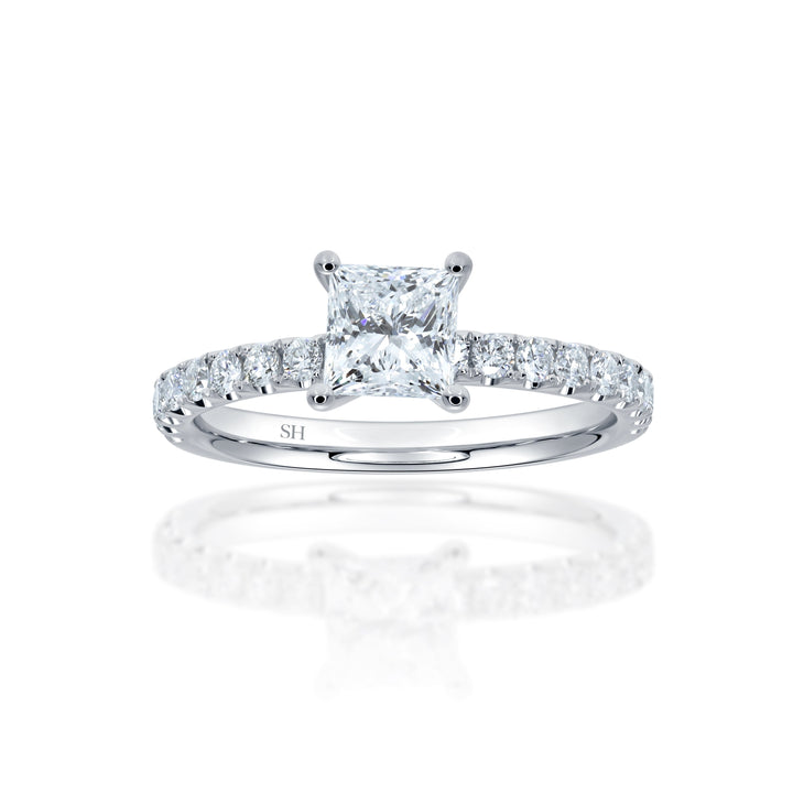 4-Claw Princess Cut Timeless Engagement Ring with Pavé-Set Band - W0807 — 18kt White Gold · 0.59ct E SI1 (GIA) (Clearance)
