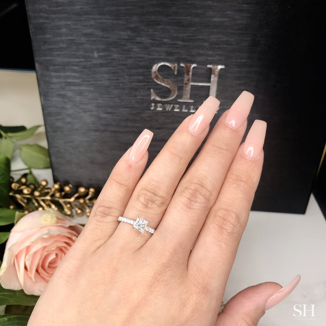 4-Claw Princess Cut Timeless Engagement Ring with Pavé-Set Band - W0807 — 18kt White Gold · 0.59ct E SI1 (GIA) (Clearance)