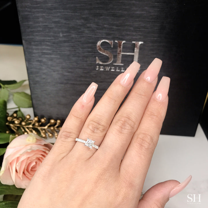 4-Claw Princess Cut Timeless Engagement Ring with Pavé-Set Band - W0807 — 18kt White Gold · 0.59ct E SI1 (GIA) (Clearance)