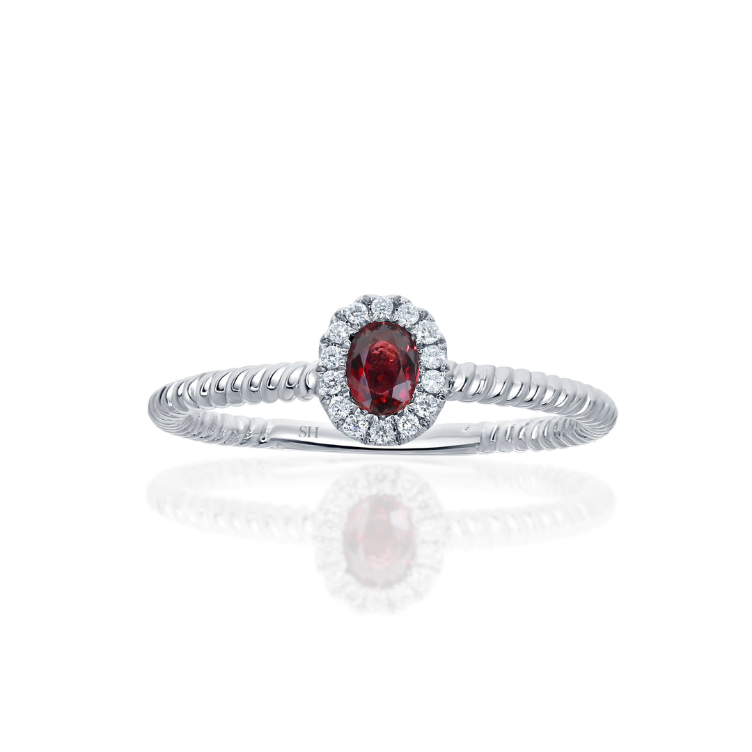 Oval Ruby Halo Ring with Rope Twist Band - W0839 — 18kt White Gold (Clearance)