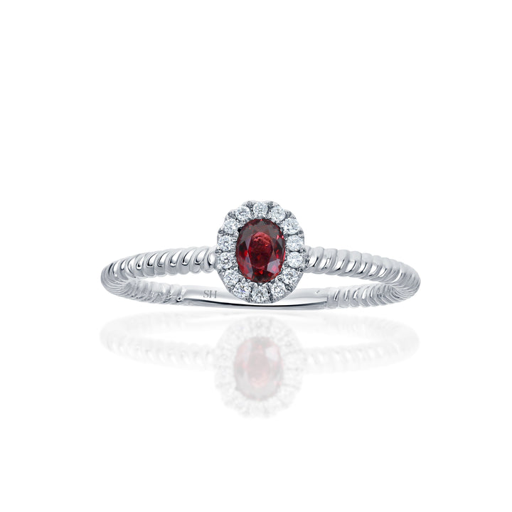 Oval Ruby Halo Ring with Rope Twist Band - W0839 — 18kt White Gold (Clearance)
