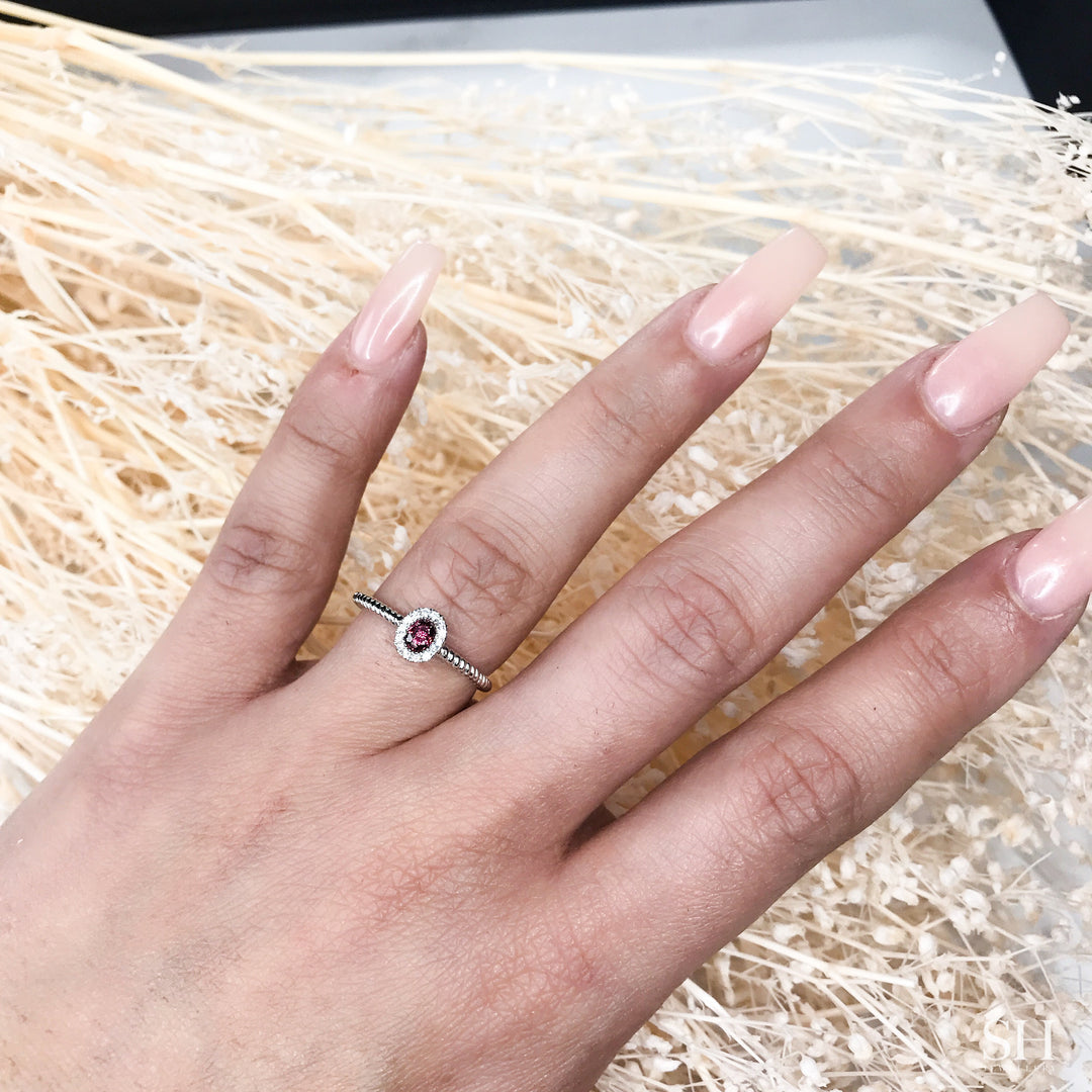 Oval Ruby Halo Ring with Rope Twist Band - W0839 — 18kt White Gold (Clearance)