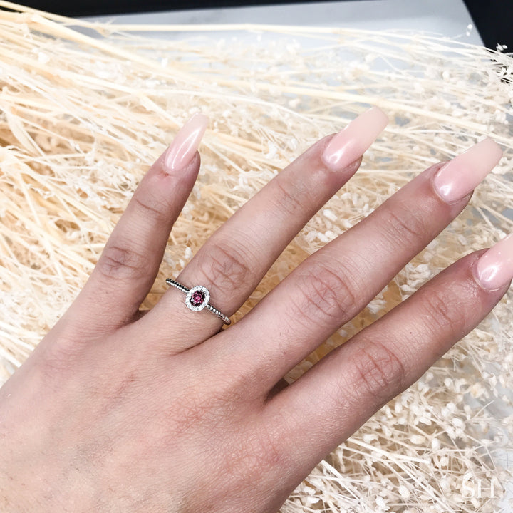 Oval Ruby Halo Ring with Rope Twist Band - W0839 — 18kt White Gold (Clearance)