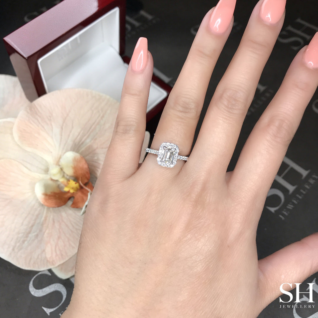 Slim Emerald Cut Halo With Pavé Set Diamond Band - W0879 (Lab Grown)