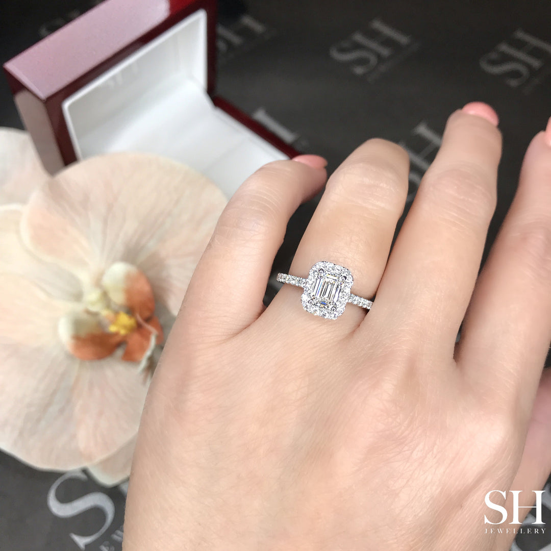 Slim Emerald Cut Halo With Pavé Set Diamond Band - W0879 (Lab Grown)