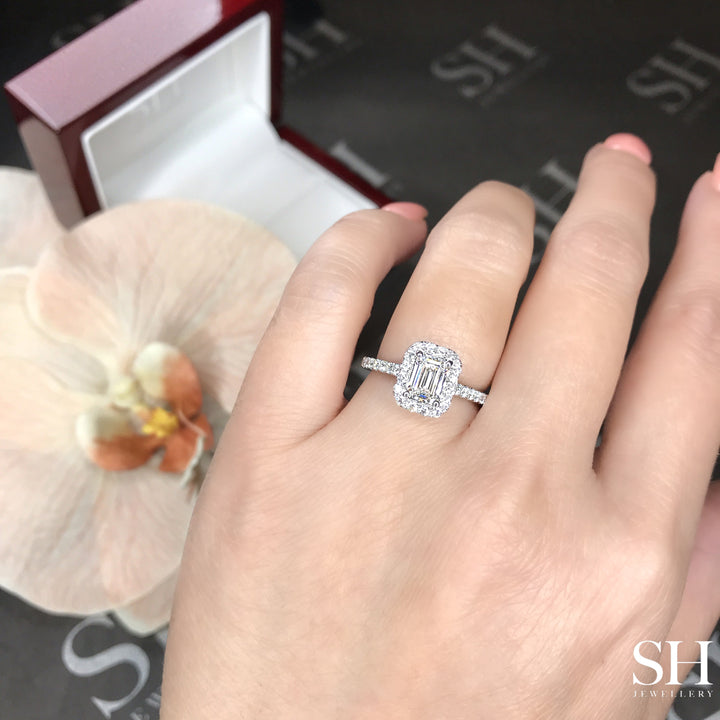 Slim Emerald Cut Halo With Pavé Set Diamond Band - W0879 (Lab Grown)
