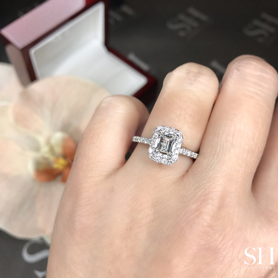 Slim Emerald Cut Halo With Pavé Set Diamond Band - W0879 (Lab Grown)