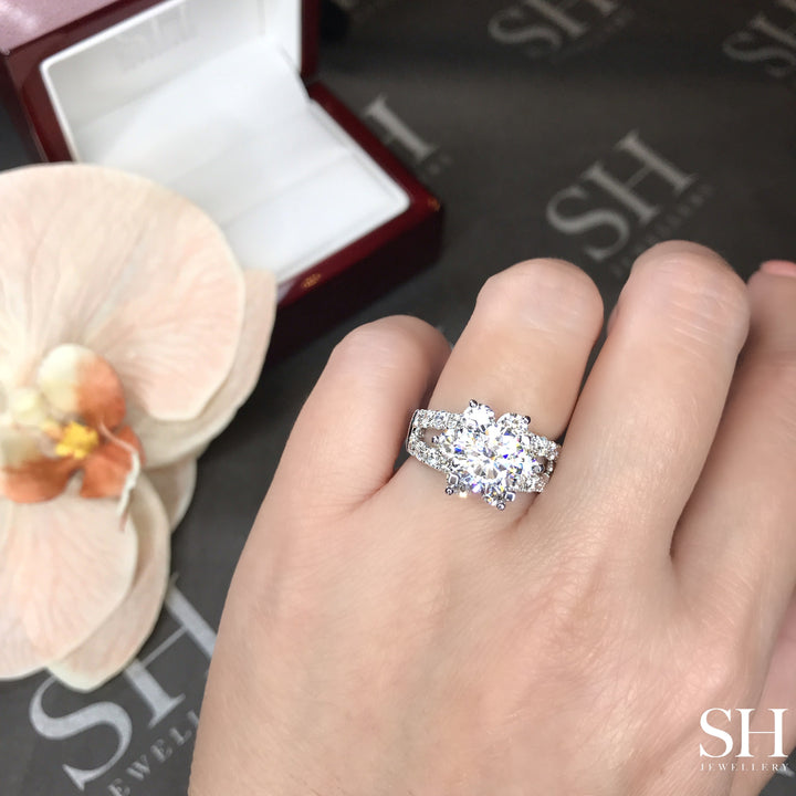 Bright Floral Halo Diamond Ring with Split Band - W0883 (Lab Grown)