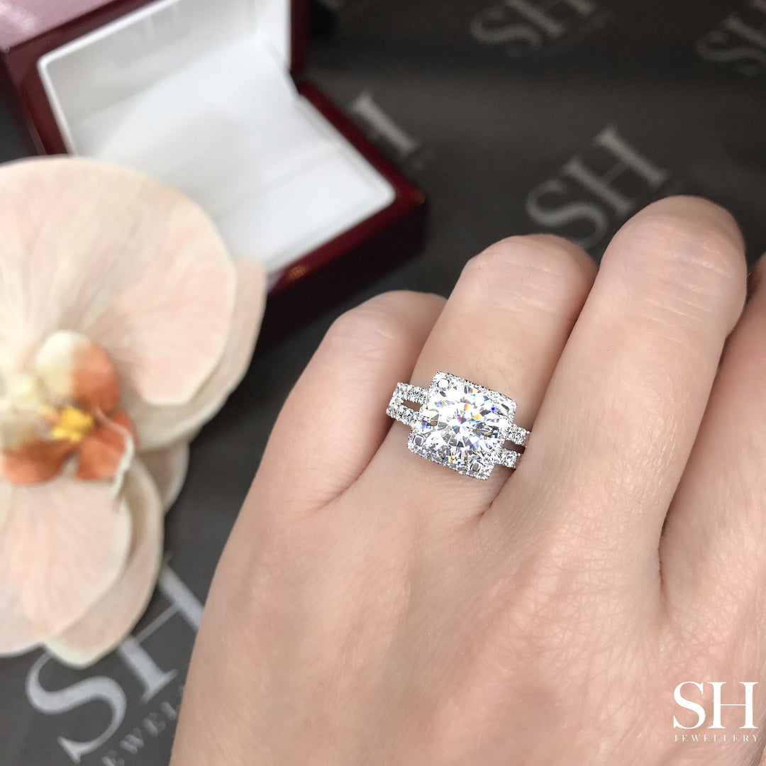 Diamond Cushion Halo And Split Two Row Band - W0885 (Lab Grown)