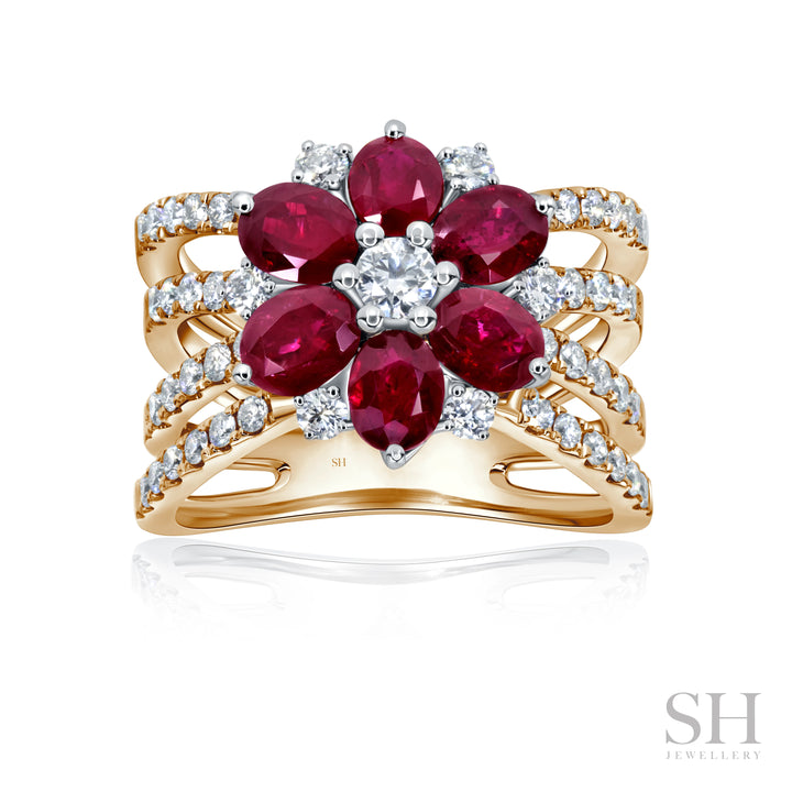 Ruby and Diamond Blossom Ring with Quad-Pavé band (large) - W1005