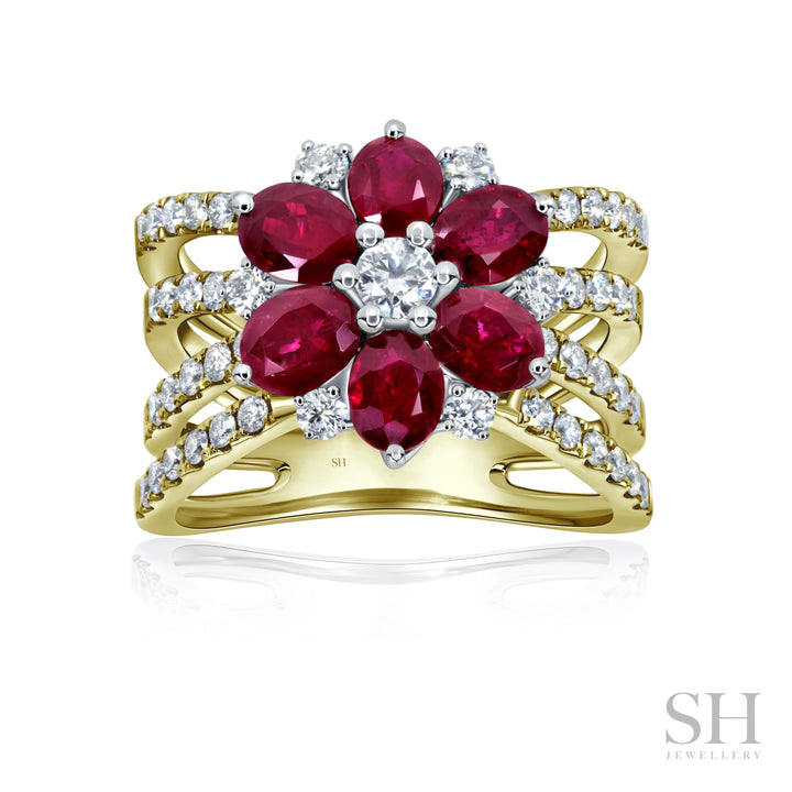 Ruby and Diamond Blossom Ring with Quad-Pavé band (large) - W1005
