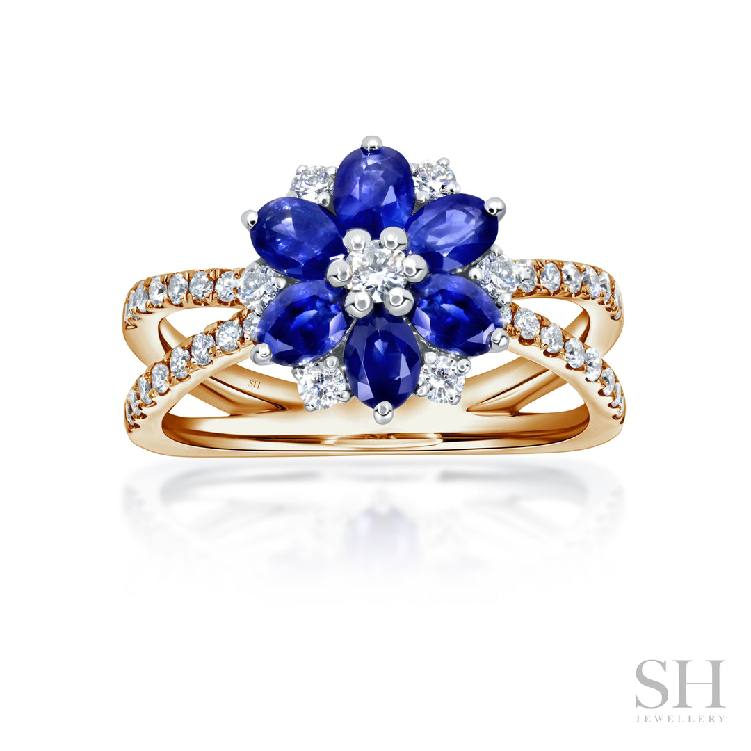 Sapphire and Diamond Blossom Ring with Twin-Pavé band (medium) - W1006