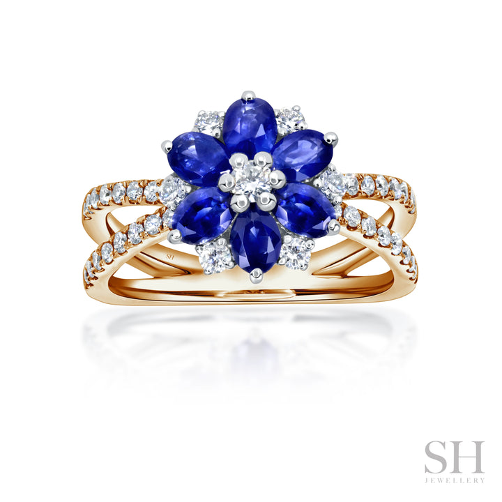 Sapphire and Diamond Blossom Ring with Twin-Pavé band (medium) - W1006