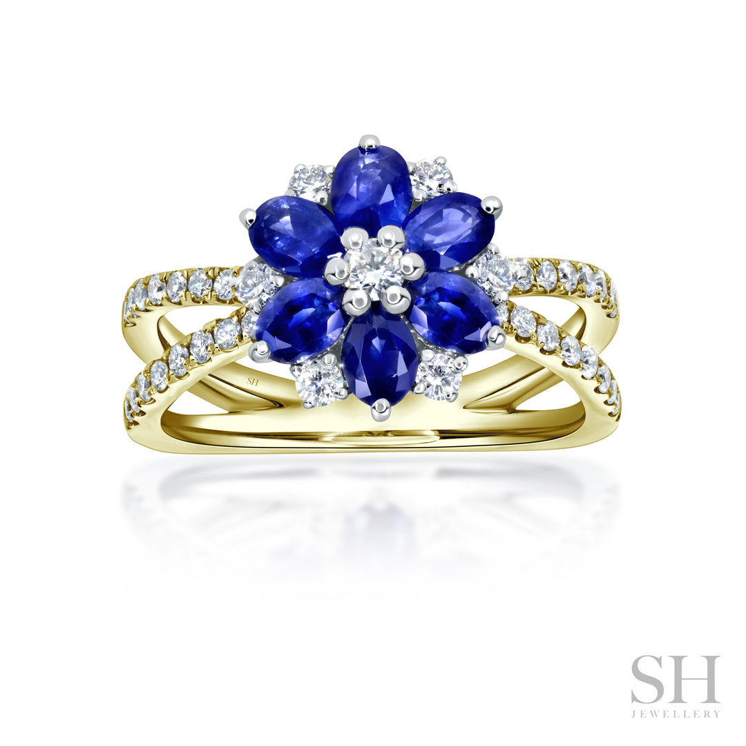 Sapphire and Diamond Blossom Ring with Twin-Pavé band (medium) - W1006