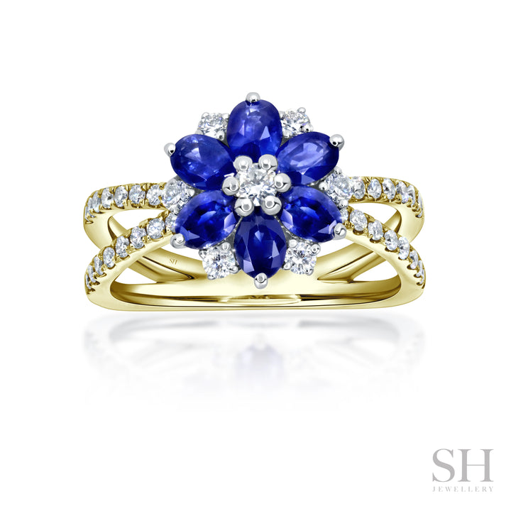 Sapphire and Diamond Blossom Ring with Twin-Pavé band (medium) - W1006