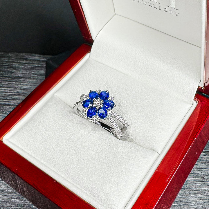 Sapphire and Diamond Blossom Ring with Twin-Pavé band (medium) - W1006