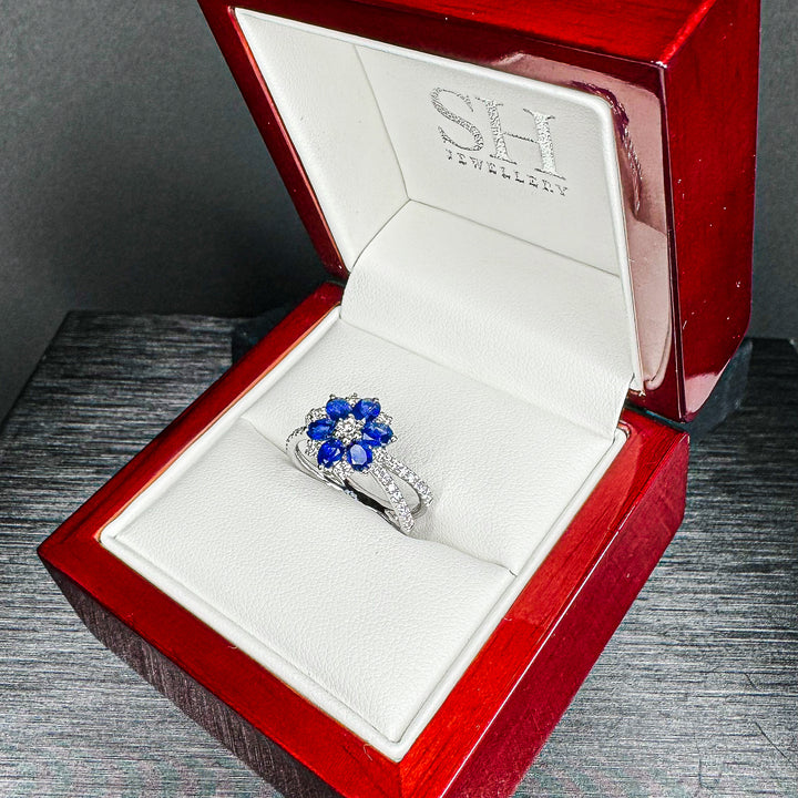 Sapphire and Diamond Blossom Ring with Twin-Pavé band (medium) - W1006