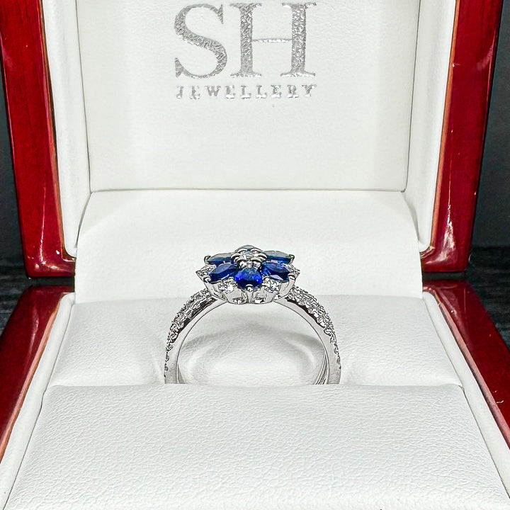 Sapphire and Diamond Blossom Ring with Twin-Pavé band (medium) - W1006