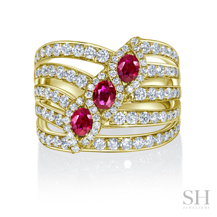 Ruby and Diamond Current Ring (3 Rubies) - W1007