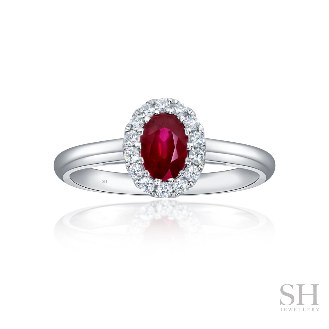 Classic Ruby Halo Diamond Ring with Polished Band - W1019