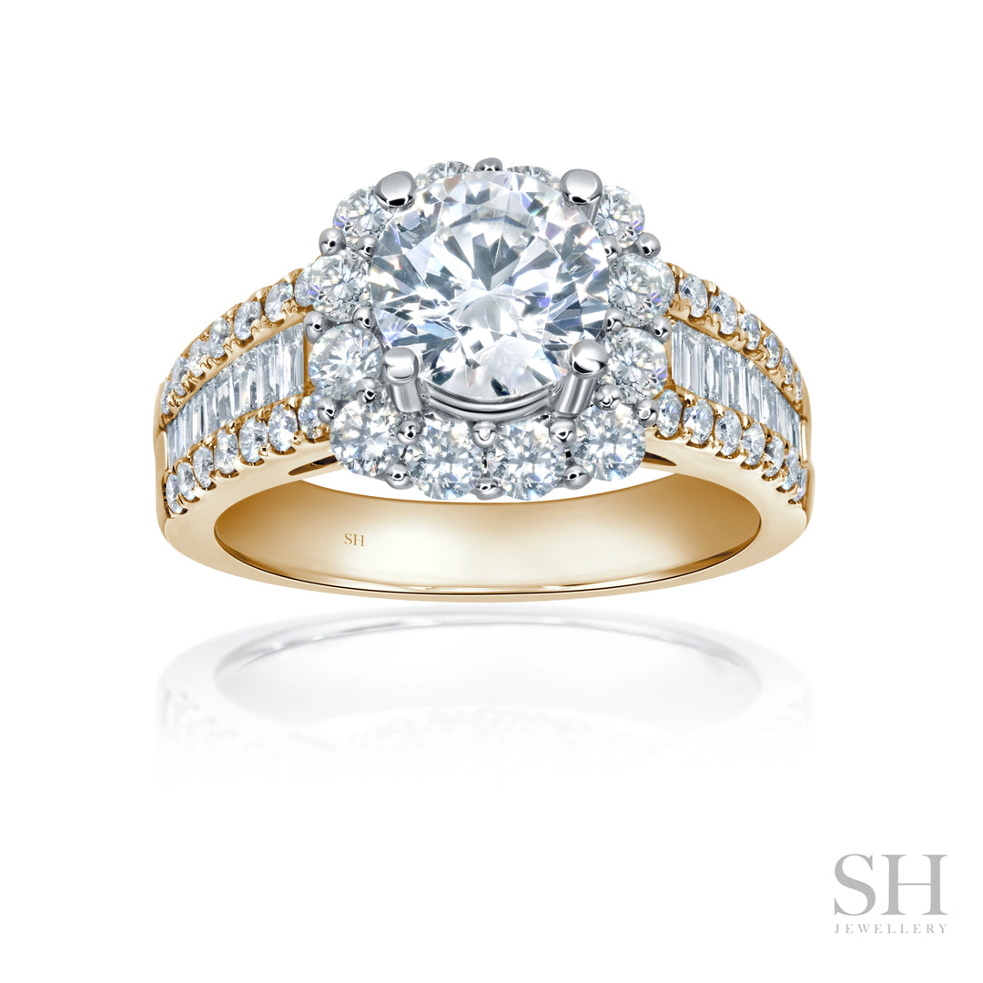 Cushion Halo Diamond Ring with Slight Tapered Baguette Band - W1087