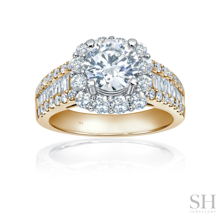 Cushion Halo Diamond Ring with Slight Tapered Baguette Band - W1087
