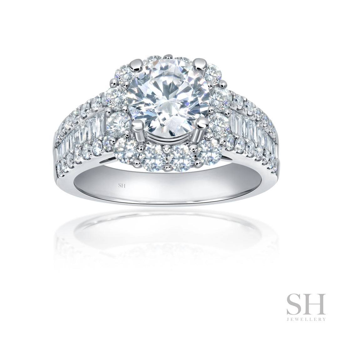 Cushion Halo Diamond Ring with Slight Tapered Baguette Band - W1087