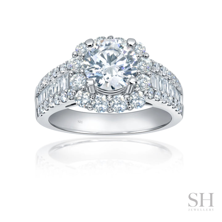 Cushion Halo Diamond Ring with Slight Tapered Baguette Band - W1087
