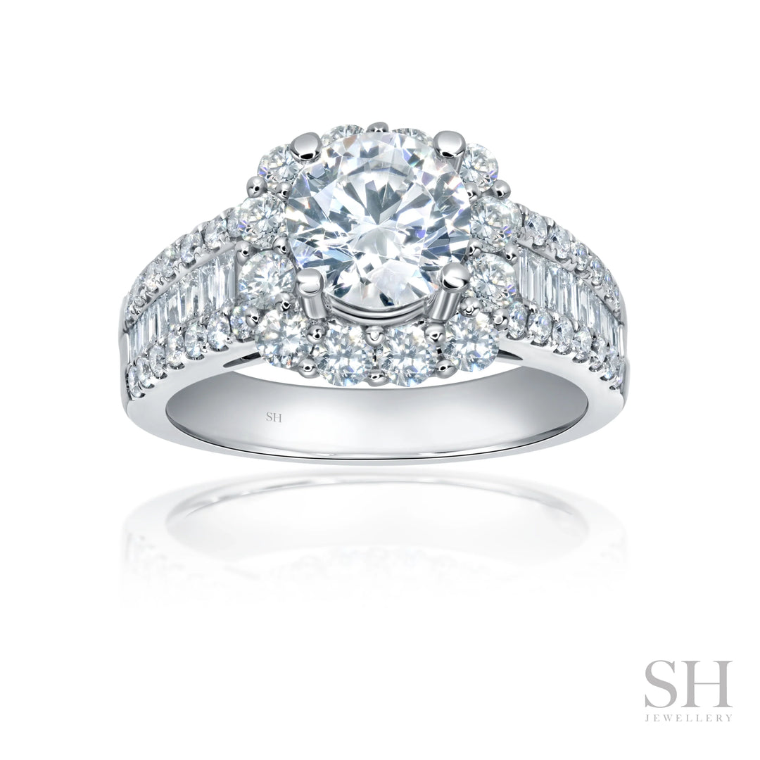Cushion Halo Diamond Ring with Slight Tapered Baguette Band - W1087 (Lab Grown)