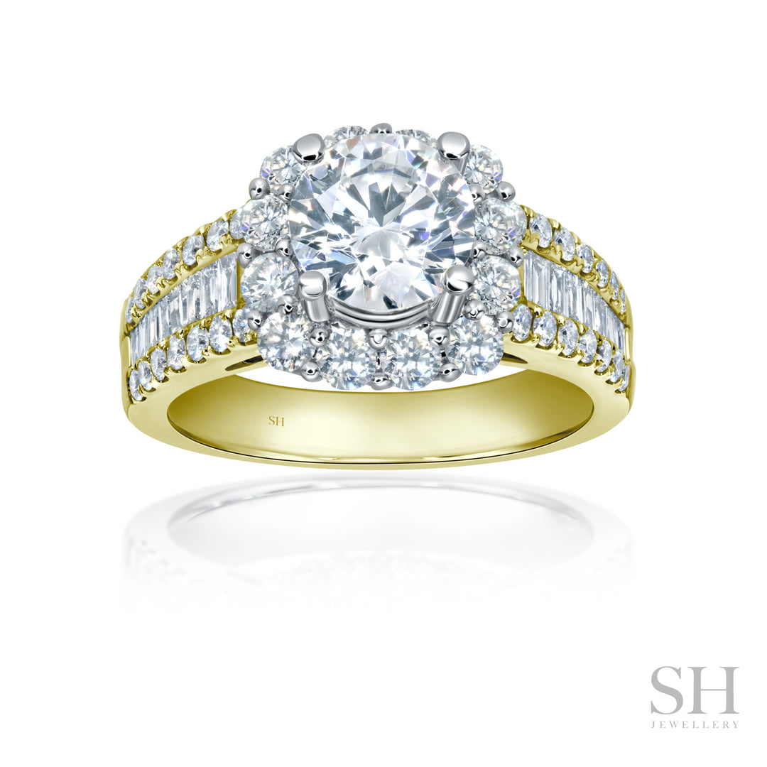 Cushion Halo Diamond Ring with Slight Tapered Baguette Band - W1087