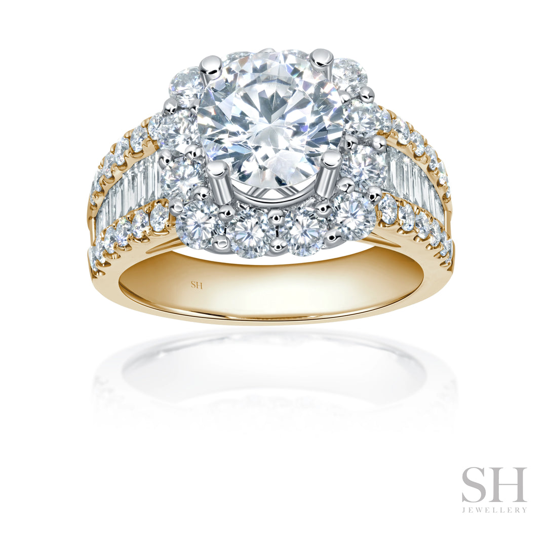 Cushion Halo Diamond Ring with Wider Tapered Baguette Band (wide) - W1088