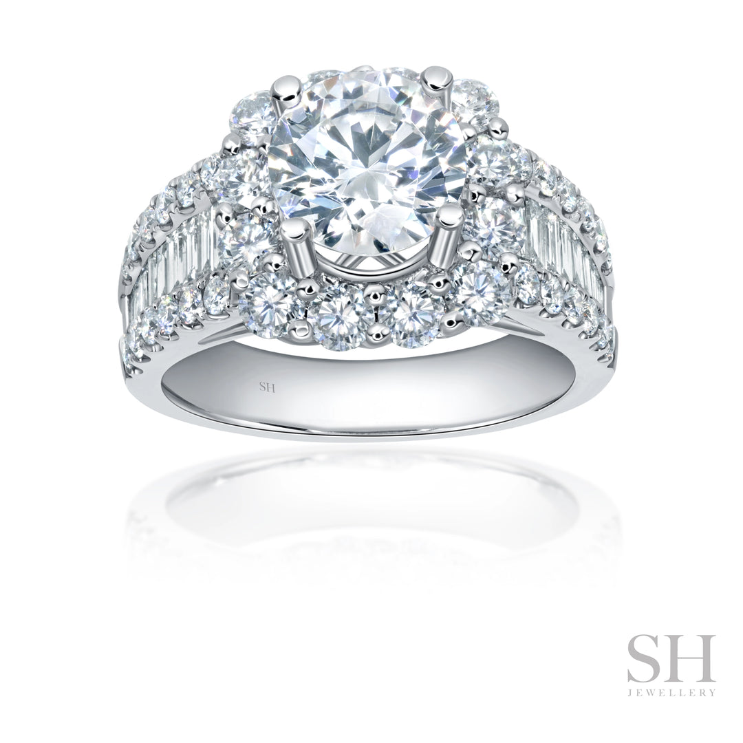 Cushion Halo Diamond Ring with Wider Tapered Baguette Band (wide) - W1088