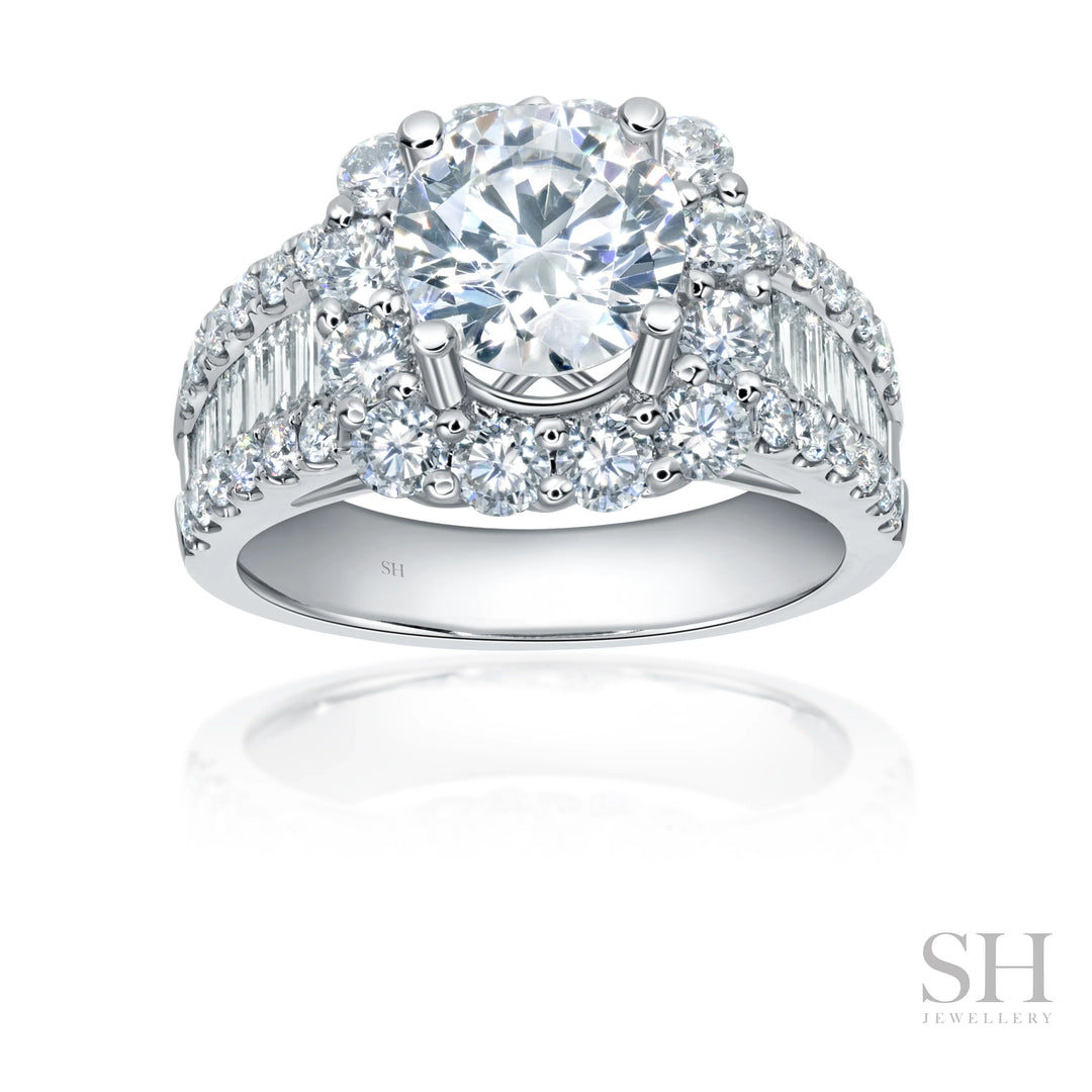 Cushion Halo Diamond Ring with Wider Tapered Baguette Band (wide) - W1088 (Lab Grown)