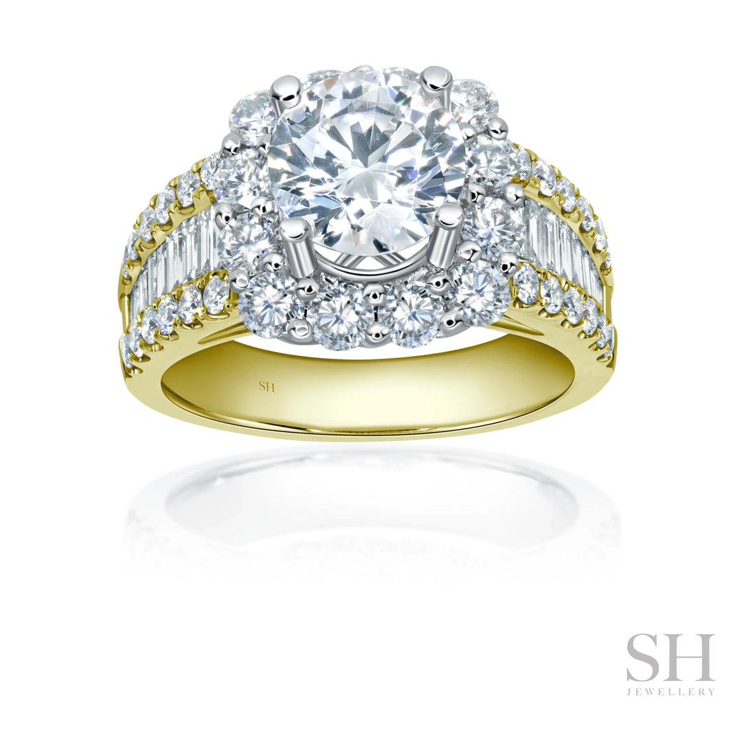Cushion Halo Diamond Ring with Wider Tapered Baguette Band (wide) - W1088 (Lab Grown)